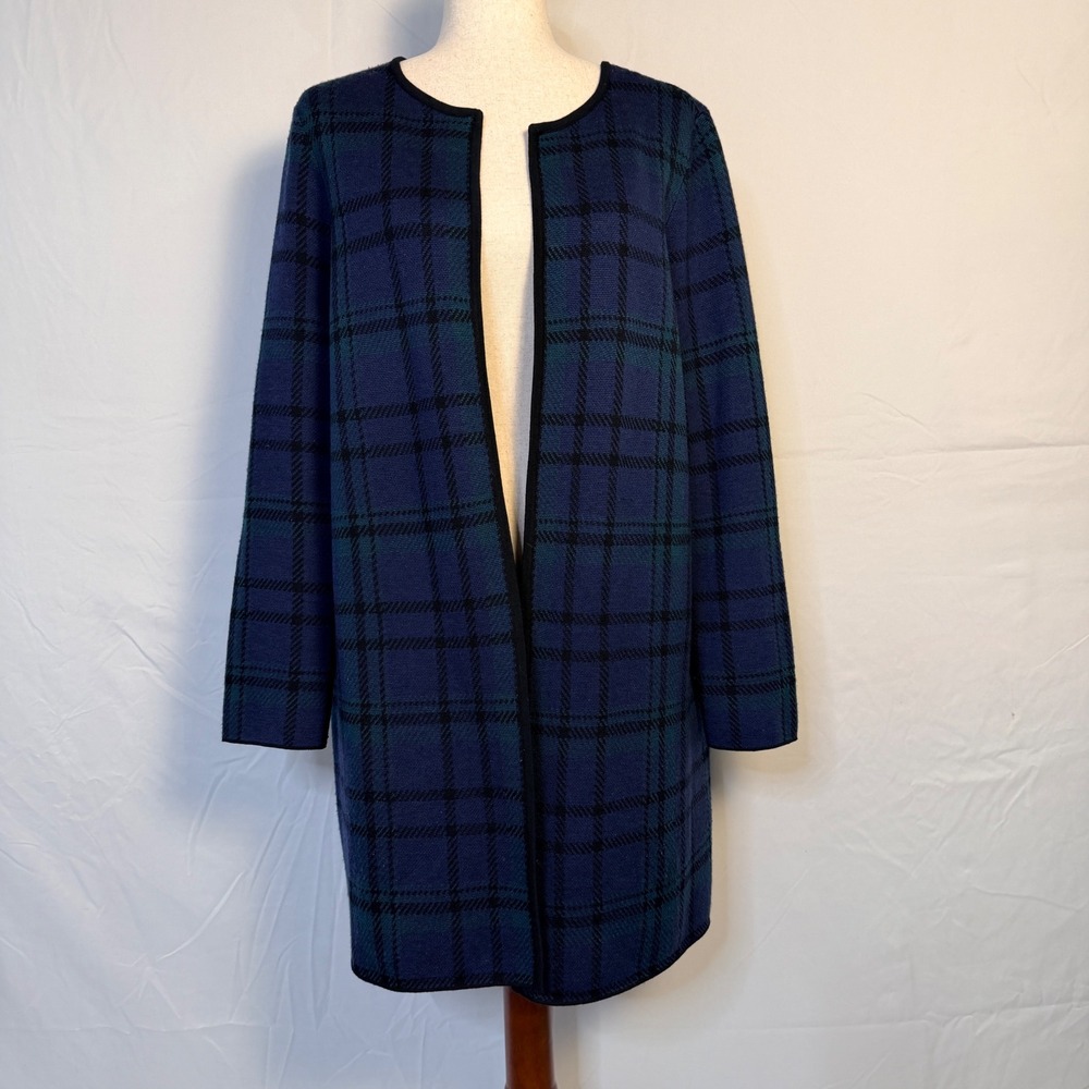 Talbots Woman Merino Wool Plaid Open Front Cardigan Navy Green Black Watch 1X